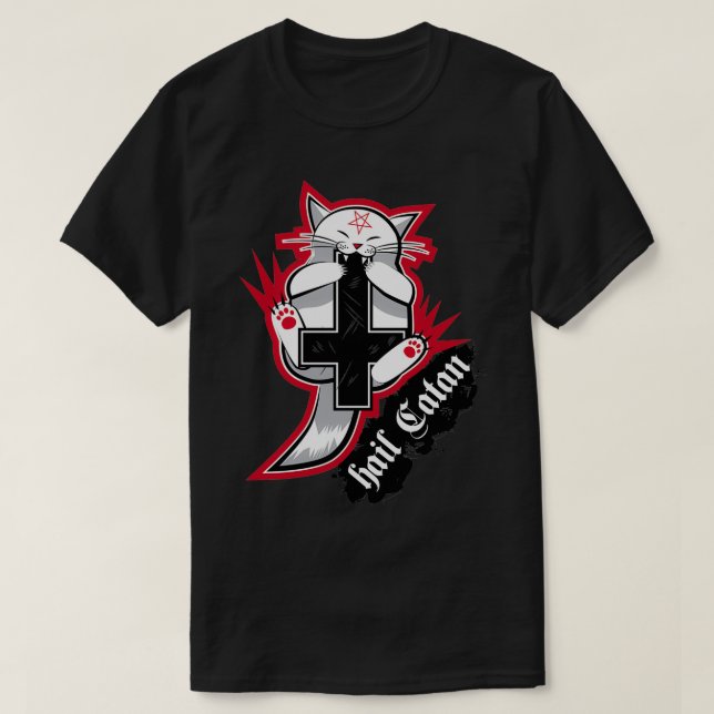 Hail Catan Satanic cat plays with cross  T-Shirt (Design Front)