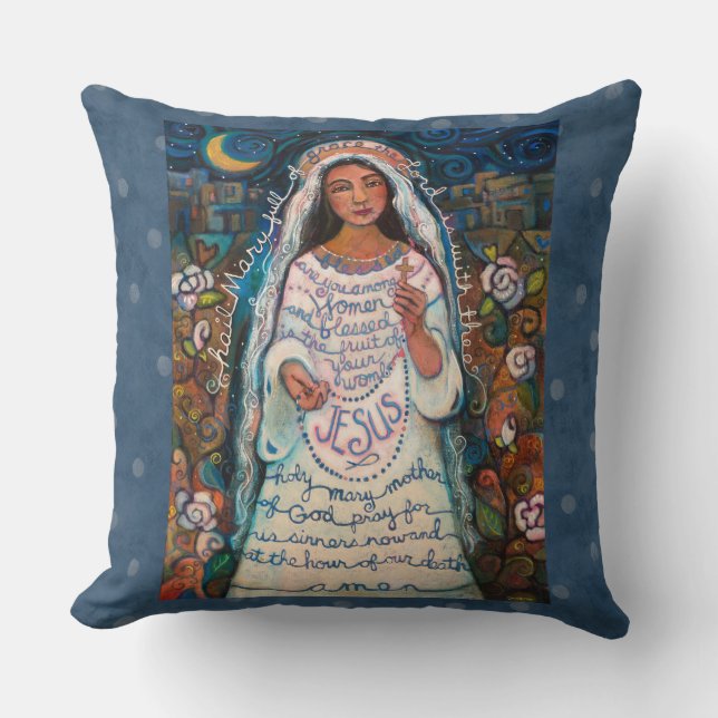Hail Mary Prayer Pillow with Blue Polka Dots (Front)