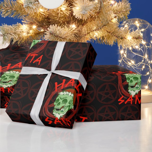Hail Santa - Halloween Zombie Rocker Skull Wrapping Paper (Holidays)