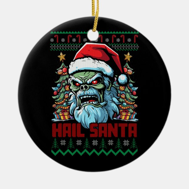Hail Santa Heavy Metal Headbanger Ugly Christmas X Ceramic Ornament (Front)
