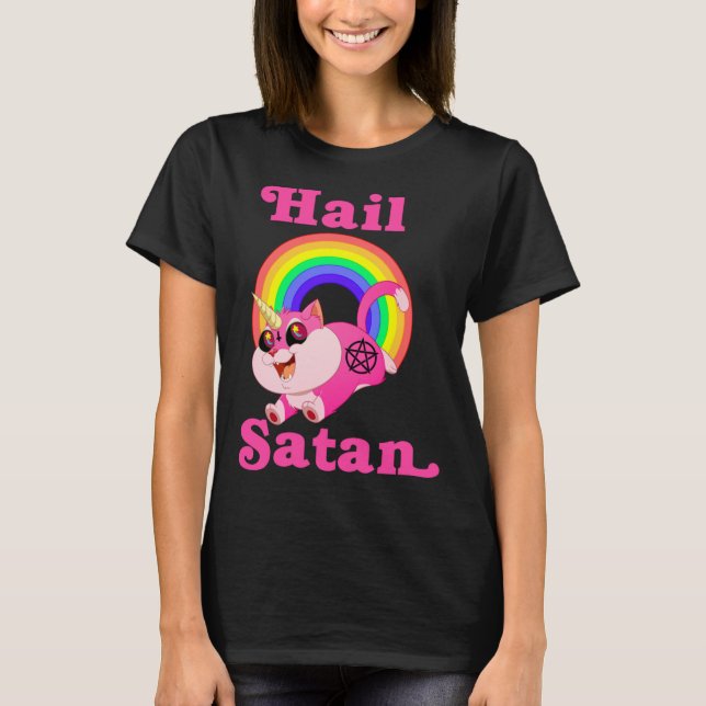 Hail Satan Unicorn Cat Rainbow, Funny Death Metal  T-Shirt (Front)