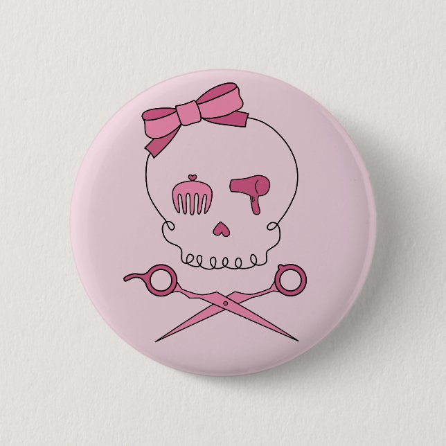 Hair Accessory Skull & Scissor Crossbones (Pink) 6 Cm Round Badge (Front)