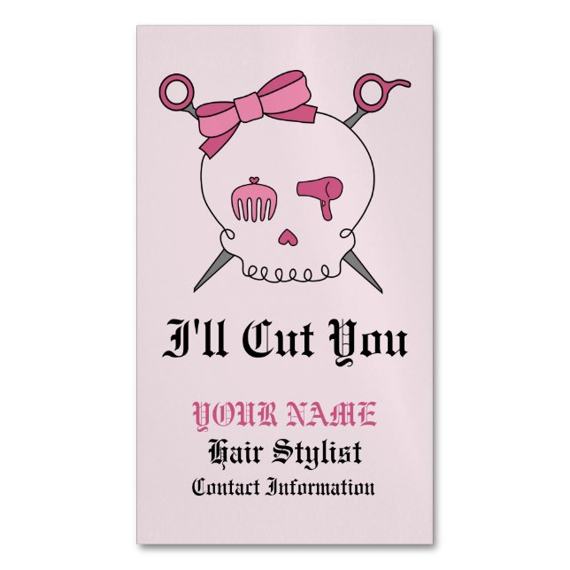 Hair Accessory Skull & Scissors (Pink Version 6) Magnetic Business Card (Front Vertical)