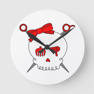Hair Accessory Skull & Scissors (Red) Round Clock