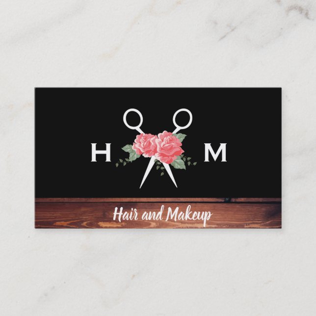 Hair and Makeup Flowers Monogram Business Card (Front)