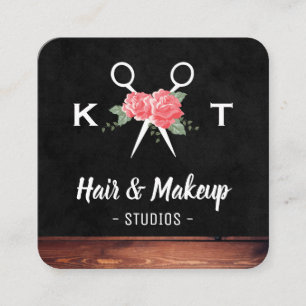 Hair and Makeup Flowers Monogram Square Business Card