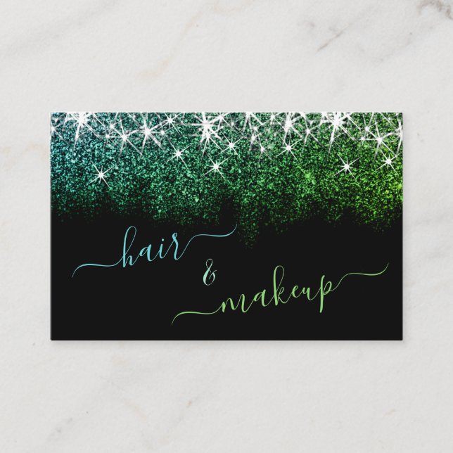 Hair and Makeup Stylist Luminous Teal Glitter Glam Business Card (Front)