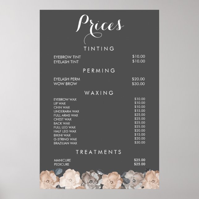 Hair Beauty Salon Beautician Menu Price Poster (Front)