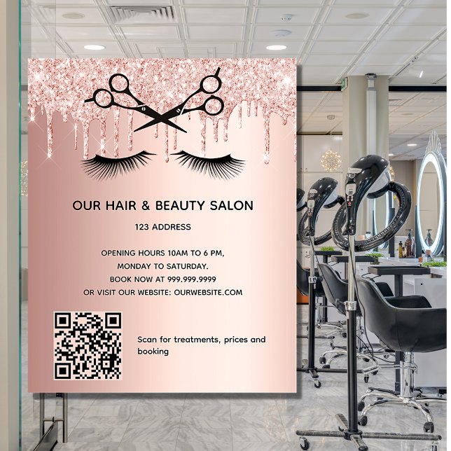 Hair beauty salon rose gold glitter QR code Flyer (Creator Uploaded)