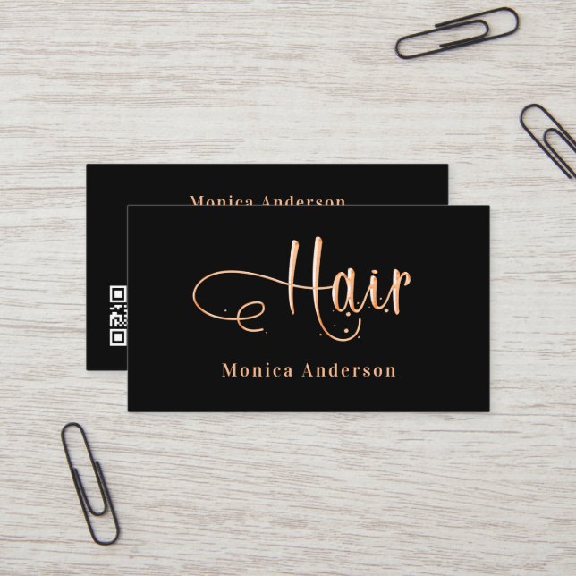 Hair black rose gold elegant QR code Business Card (Front/Back In Situ)