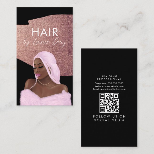 Hair Braid Salon Beauty Black Script Pink Gold Business Card (Front/Back)