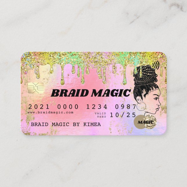 Hair Braider Rainbow Dripping Glitter Credit Busin Business Card (Front)