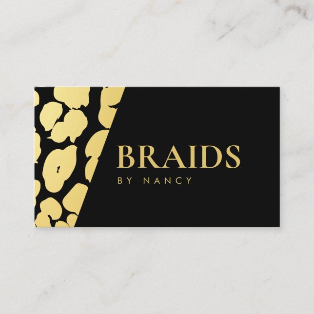 Hair Braiding Black and Gold Leopard Print  Business Card (Front)