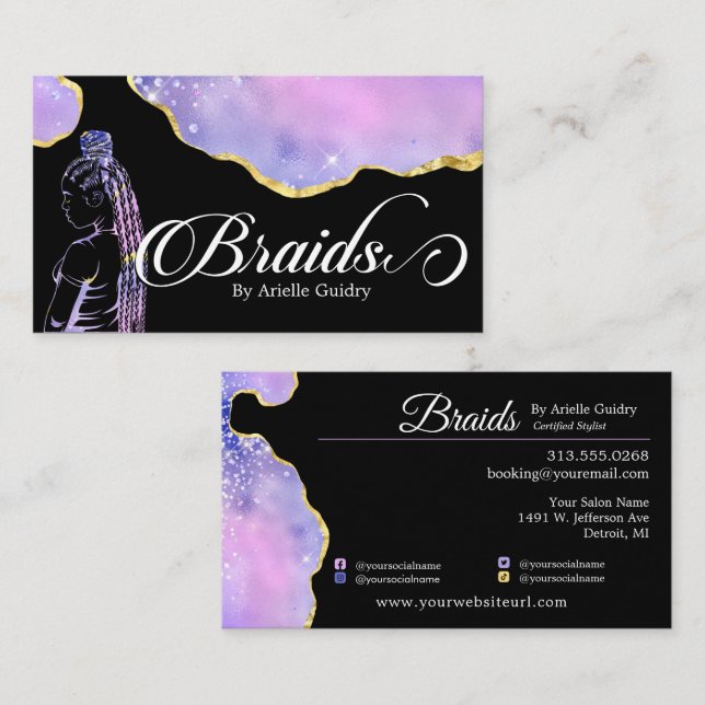 Hair Braiding Braid Salon Purple Holographic Gold Business Card (Front/Back)