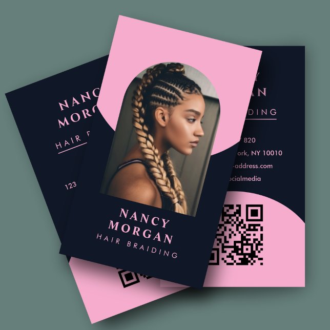 Hair Braiding Qr Code Arch Photo Pink And Navy Business Card (Creator Uploaded)