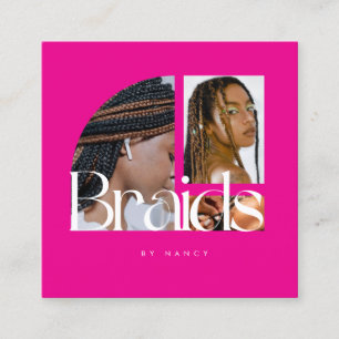 Hair Braiding Salon Photo Collage Hot Pink  Square Business Card
