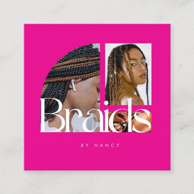 Hair Braiding Salon Photo Collage Hot Pink  Square Business Card (Front)