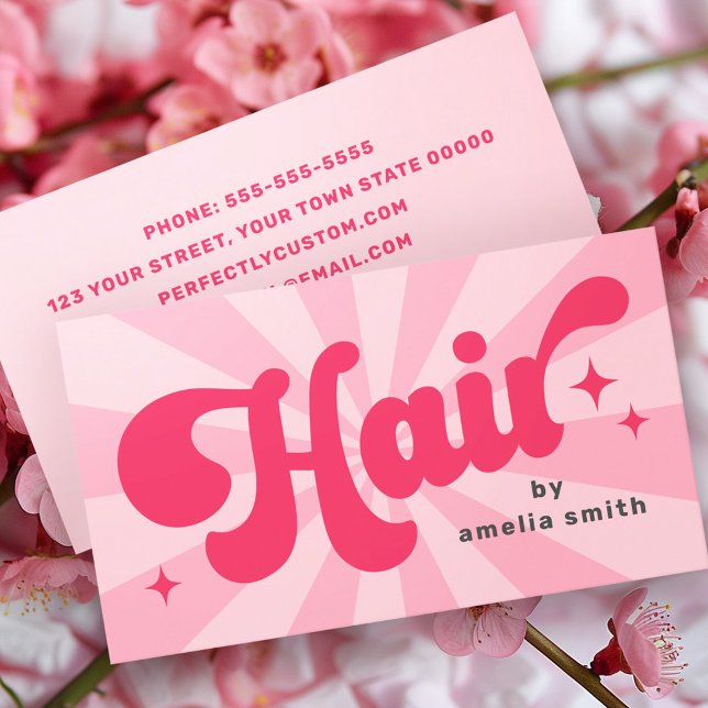 Hair by name retro pink or any colour sunburst  business card (Hair by name retro pink or any color sunburst business card)
