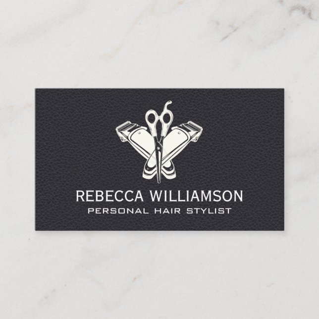 Hair Clippers and Scissor | Leather Background Business Card (Front)
