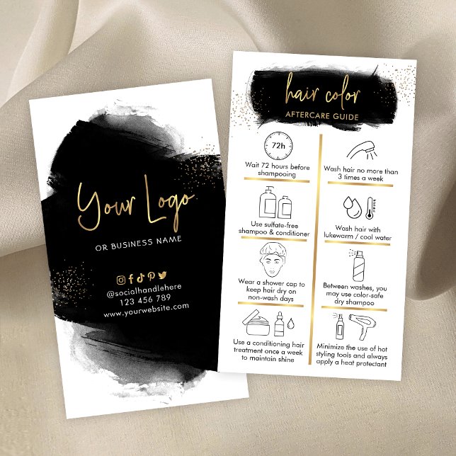 Hair Colour Aftercare Guide Black & Gold Salon Log Business Card (Black watercolor and gold glitter hair color aftercare cards with hair care icons and space for logo)