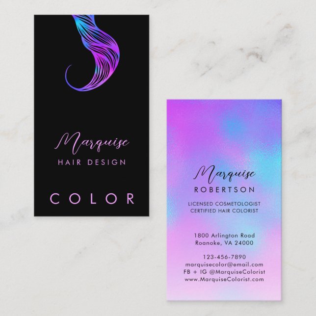Hair Colourist Stylist Chic Iridescent and Black Business Card (Front/Back)