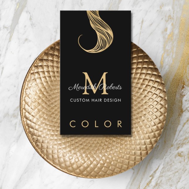 Hair Colourist Stylist Gold Black Monogram Business Card (Creator Uploaded)