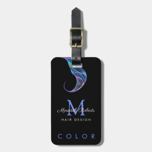 Hair Colourist Stylist Opal Blue on Black Monogram Luggage Tag