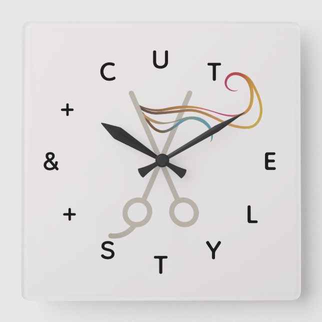 Hair Cut Scissors Letter Numbers Square Wall Clock (Front)