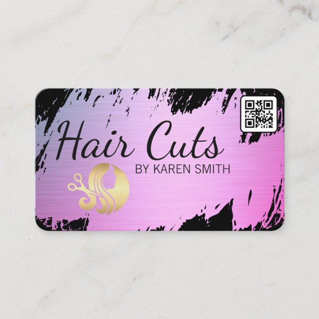 Hair Cuts | Gold Brushed | Womens Beauty Logo Business Card (Front)