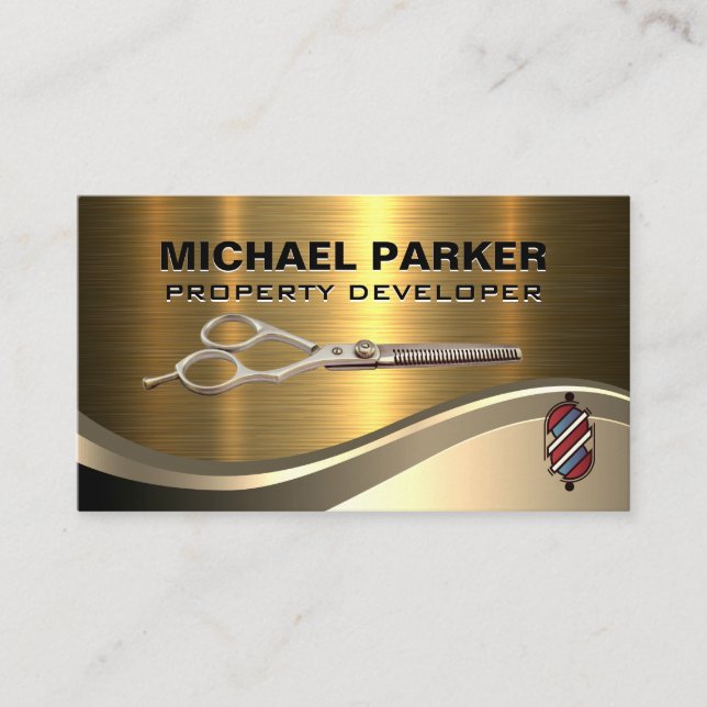 Hair Cutting Scissors | Barber Pole | Gold Metal Business Card (Front)