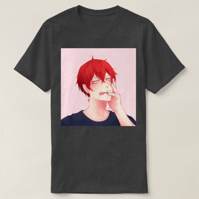 Hair Down Tendou Satori Blue Shirt Pink bg (Design Front)