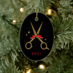 Hair dresser stylist Golden glitter scissors  Ceramic Ornament