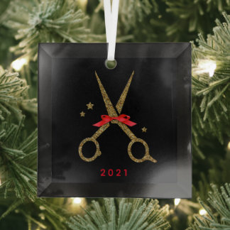 Hair dresser stylist Golden glitter scissors Metal Glass Tree Decoration