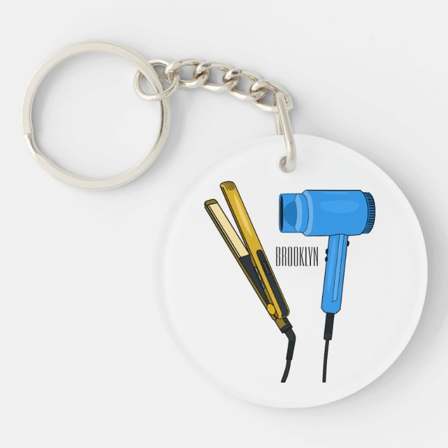Hair dryer & hair straightener illustration key ring (Front)
