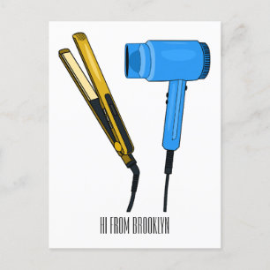 Hair dryer & hair straightener illustration postcard
