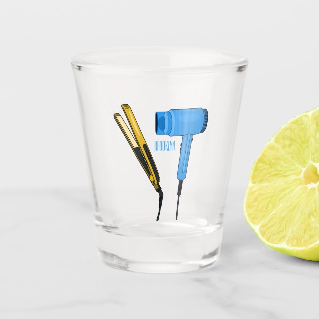 Hair dryer & hair straightener illustration shot glass (Front)