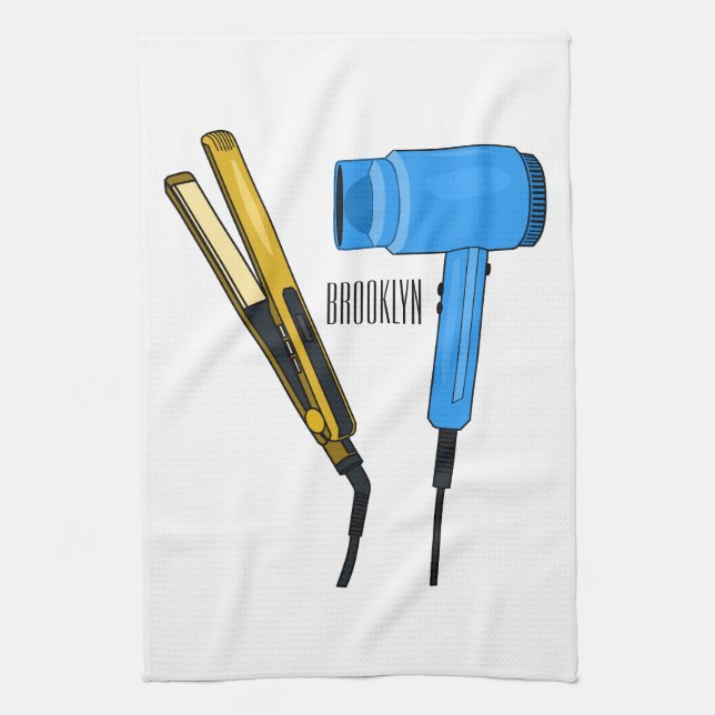 Hair dryer & hair straightener illustration tea towel (Vertical)