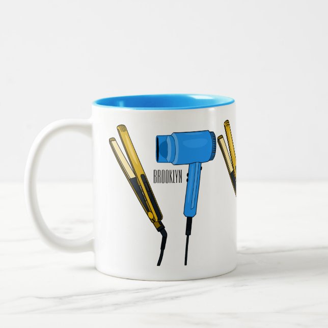 Hair dryer & hair straightener illustration Two-Tone coffee mug (Left)