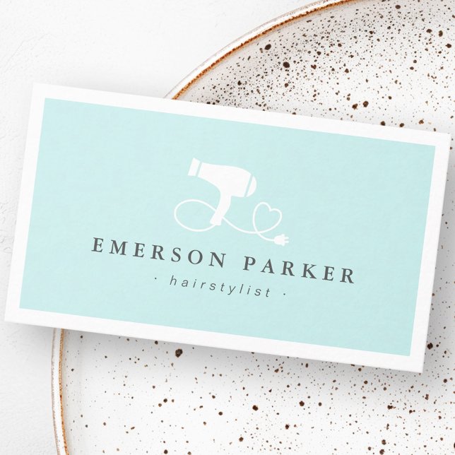 Hair dryer heart cord light aqua blue hairdresser business card (Hair dryer heart cord light aqua blue hairdresser business card)
