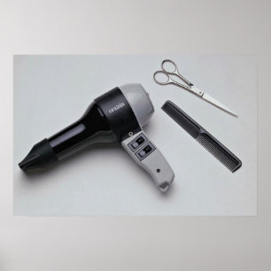 Hair dryer with scissors and comb poster