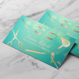 Hair & Eyelash Extensions Modern Gold & Teal Salon Business Card