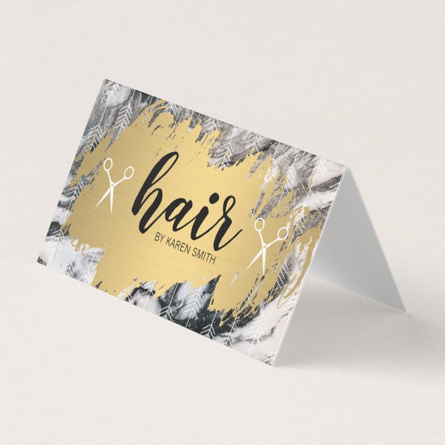 HAIR | Gold Brushed and Arrows | Marble Business Card (Front)