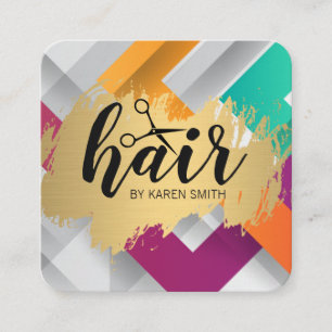 HAIR / Gold Brushed / Modern Colourful Stripes Square Business Card
