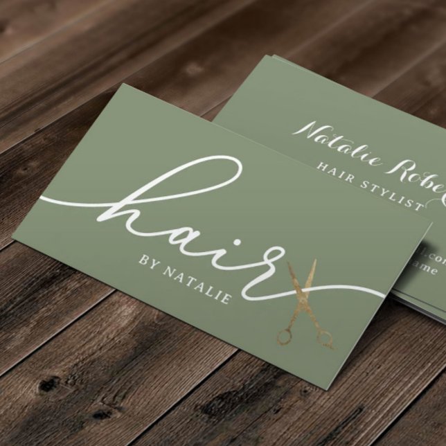 Hair Gold Scissor Sage Green Elegant Typography Business Card (Creator Uploaded)