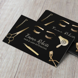 Hair & Lash Extensions Modern Black & Gold Business Card