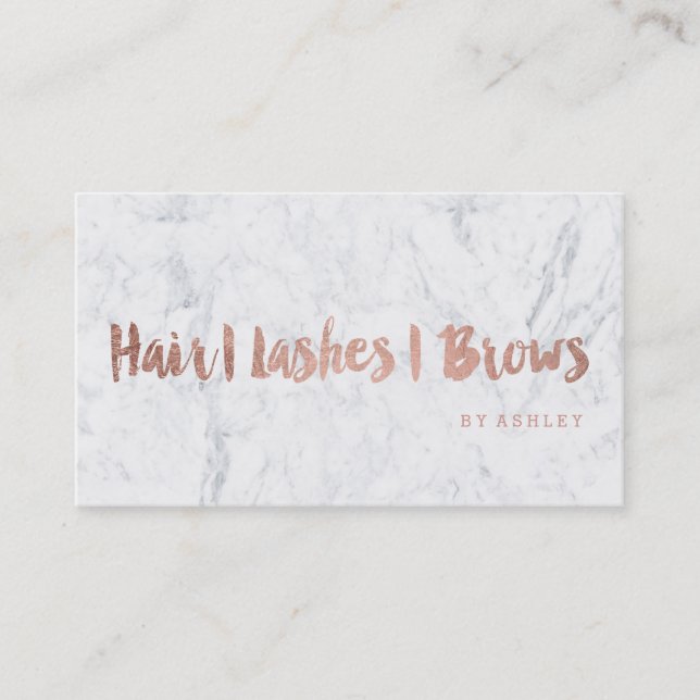 Hair lashes brows faux rose gold typography marble business card (Front)