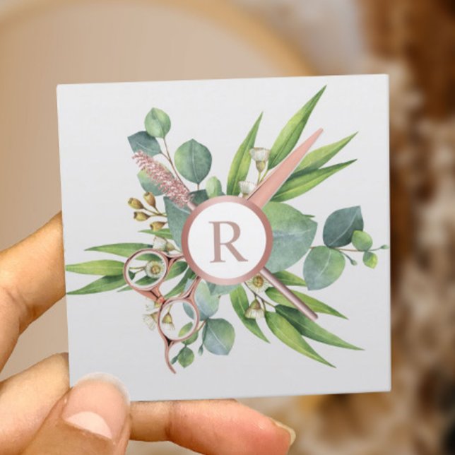 Hair & Lashes Salon Botanical Rose Gold Monogram Square Business Card (Creator Uploaded)