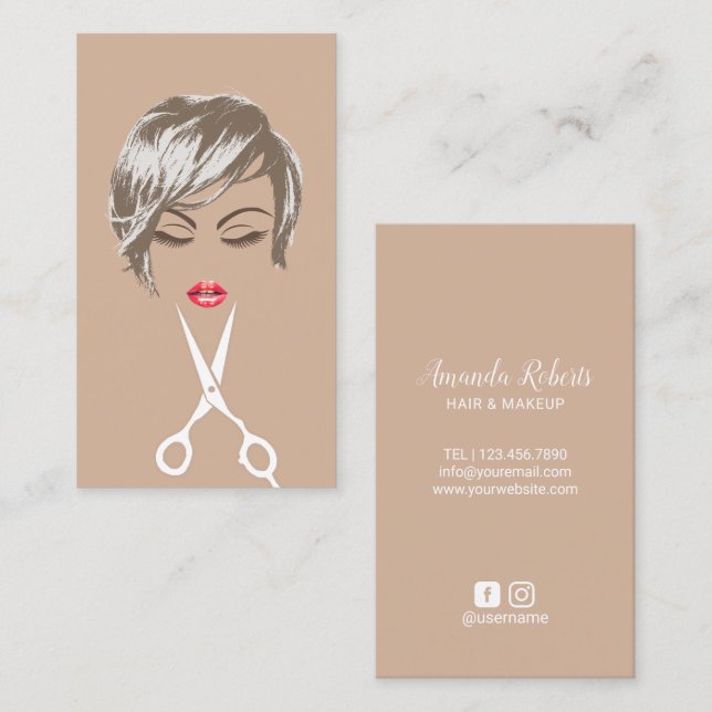 Hair & Makeup Artist Modern Short Haircut Girl Business Card (Front/Back)