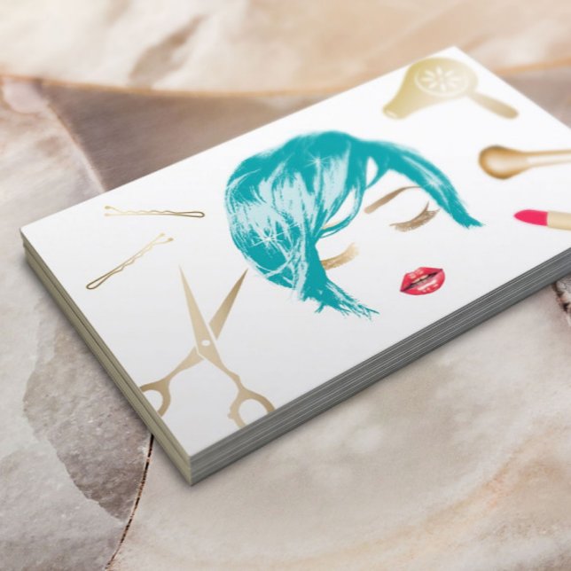Hair & Makeup Artist Short Haircut Girl Turquoise Business Card (Creator Uploaded)
