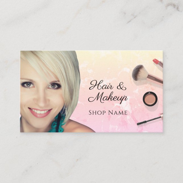 Hair & Makeup Artists Photos Yel Pink Ombre Marble Business Card (Front)